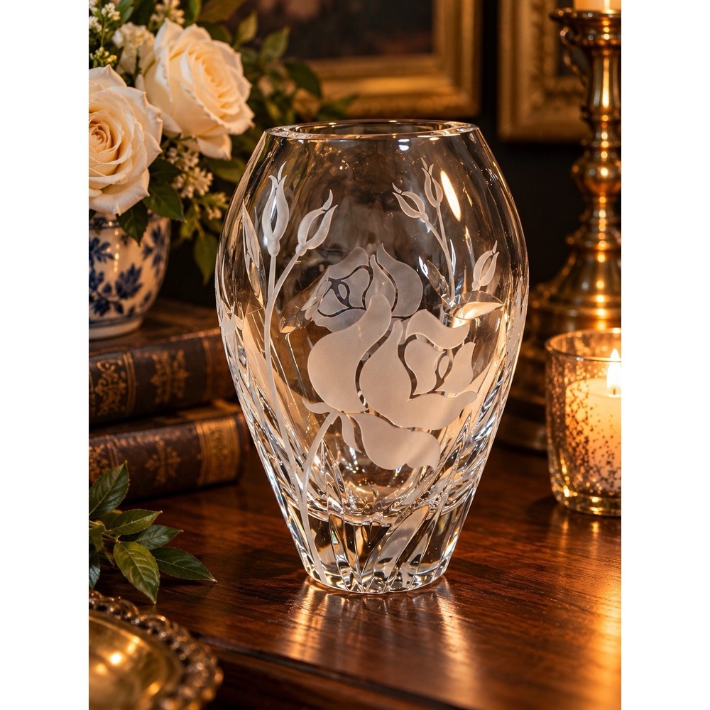 Lenox Masterpiece Rose Crystal Vase Etched Floral Clear Glass 6”